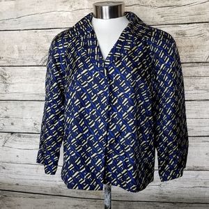 Jones New York Jacket Blue Black Tan Geo Print 3/4 Sleeve Button Lined Size 4.